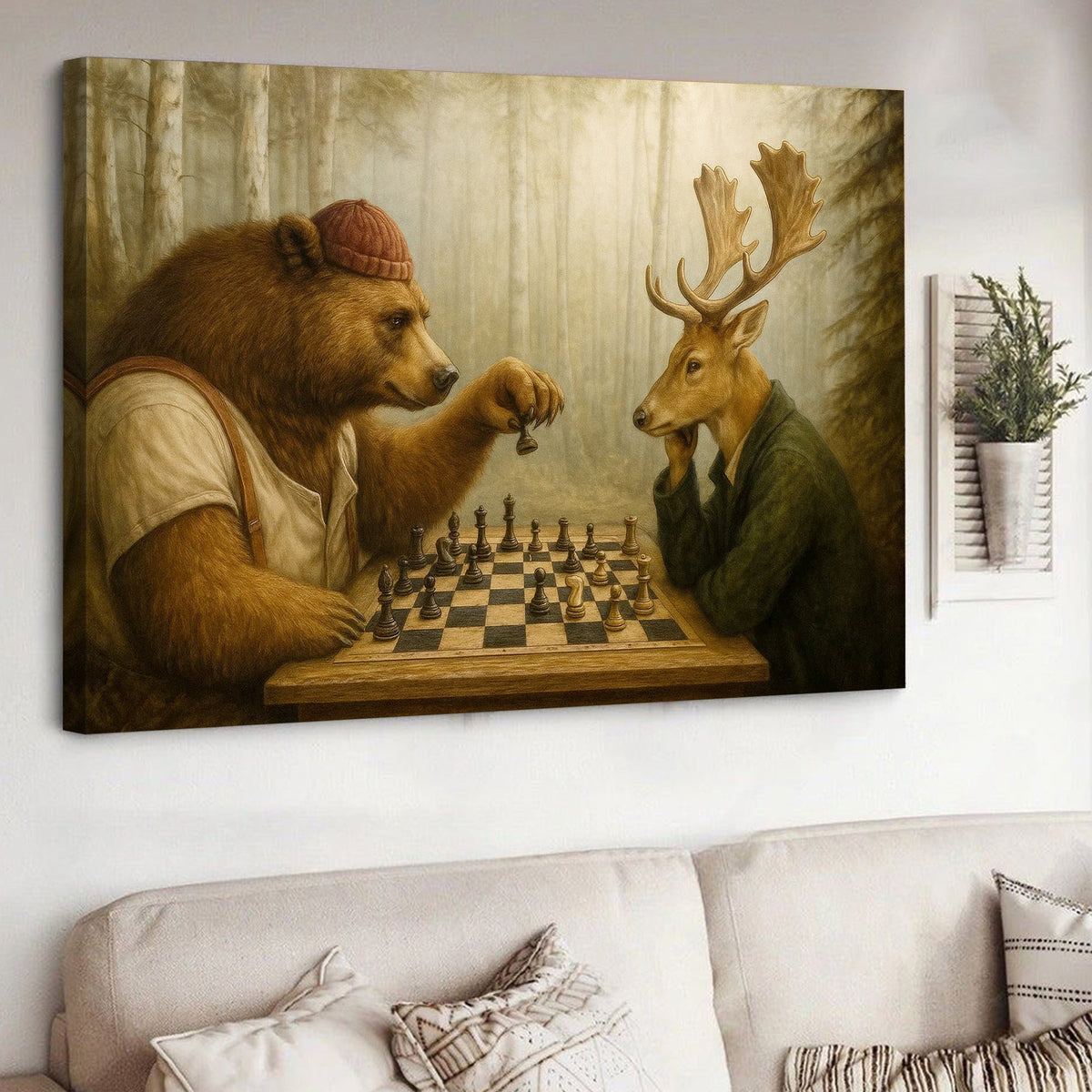 Bear and Deer Chess Wall Art Canvas, Forest Animals Playing Chess Rustic Decor