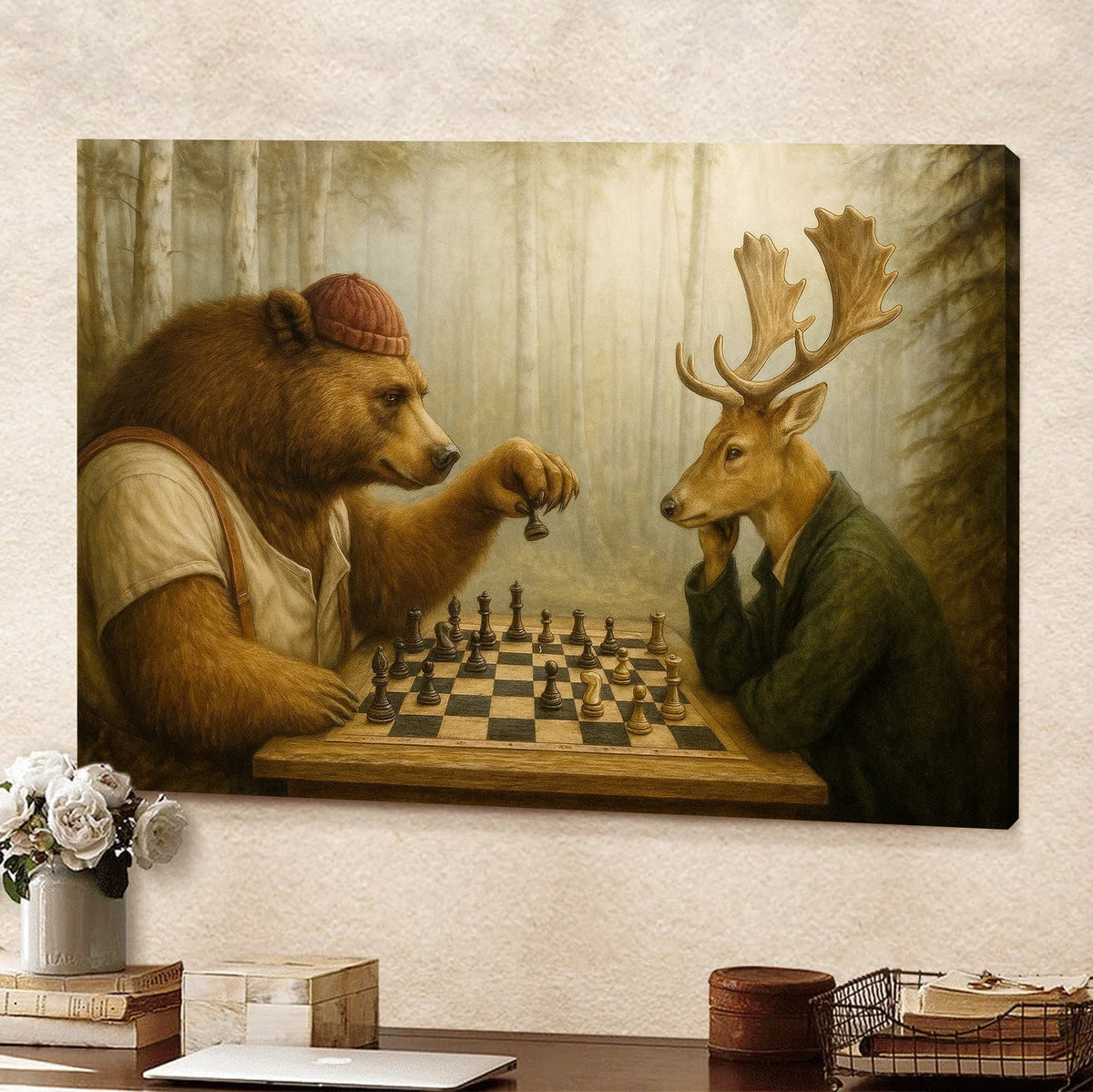 Bear and Deer Chess Wall Art Canvas, Forest Animals Playing Chess Rustic Decor
