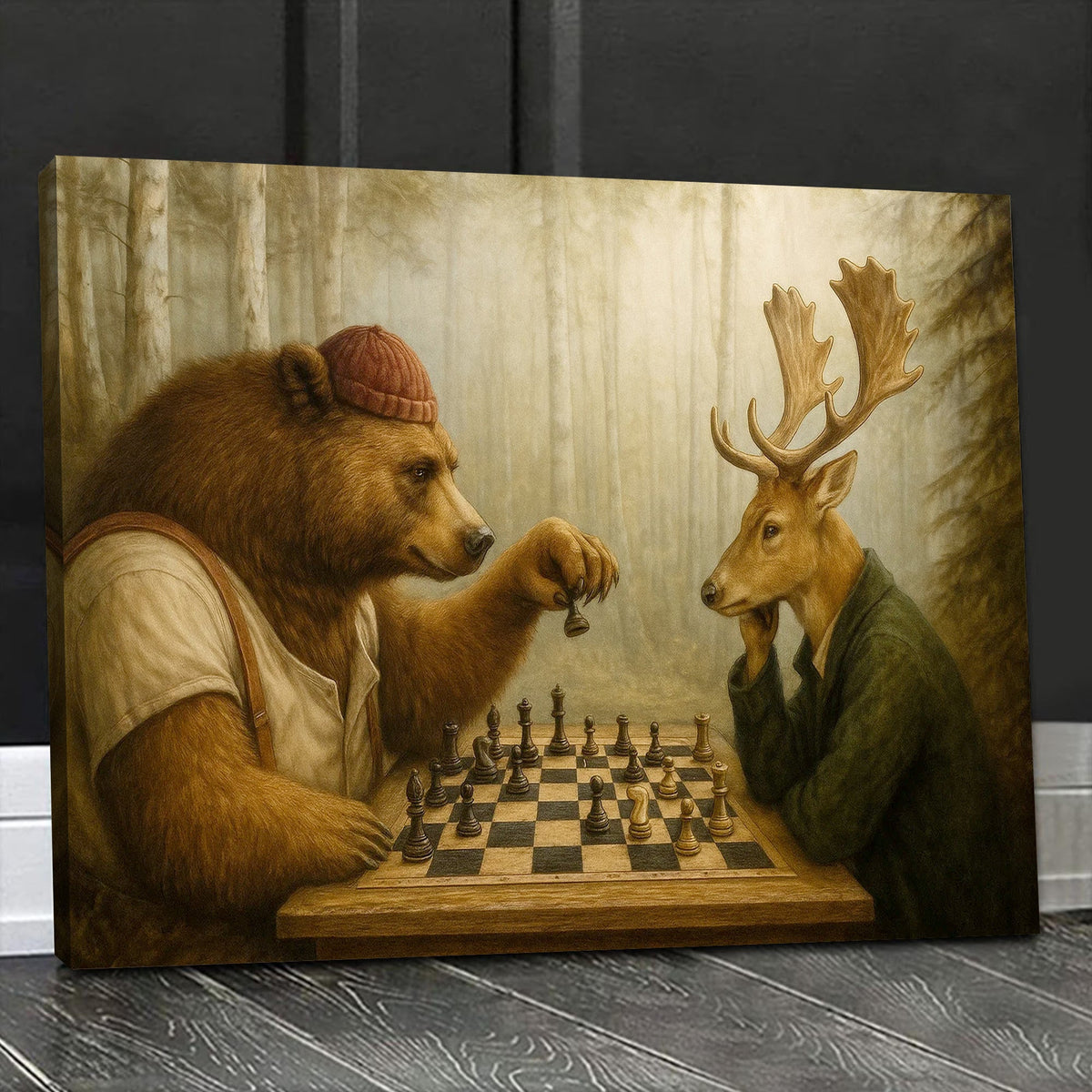 Bear and Deer Chess Wall Art Canvas, Forest Animals Playing Chess Rustic Decor