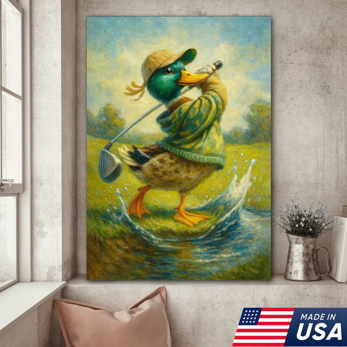 Funny Duck Playing Golf Canvas Wall Art – Rustic Sports Lodge Decor, Man Cave & Golfer Gift