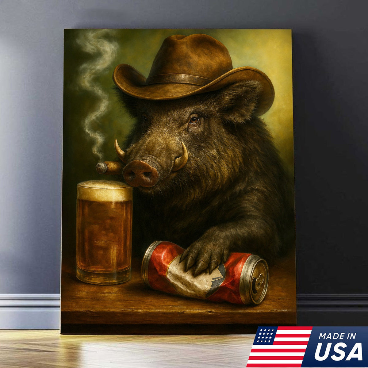 Funny Wild Boar Cowboy Canvas – Beer, Smoking & Rustic Cabin Wall Art Gift for Hunters