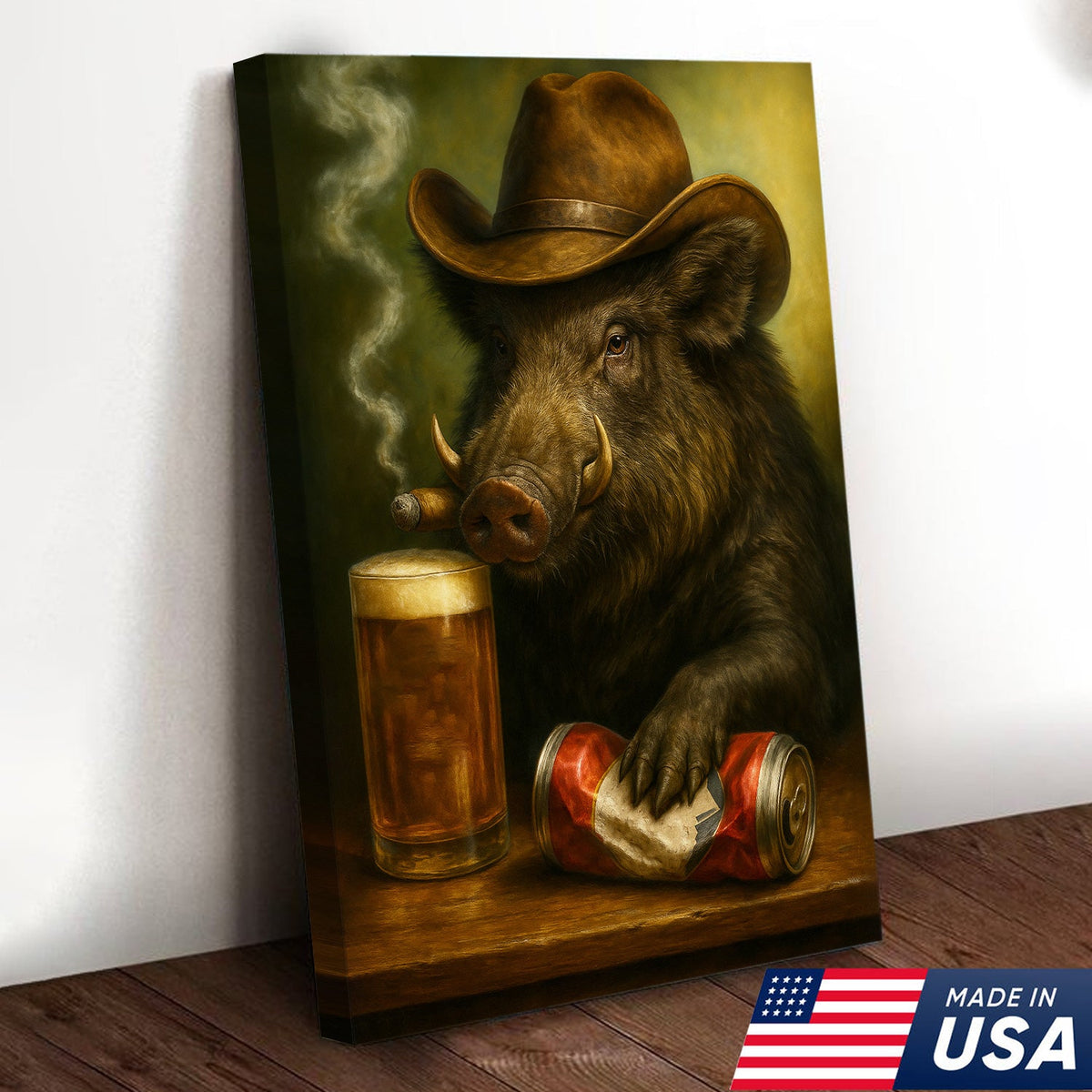 Funny Wild Boar Cowboy Canvas – Beer, Smoking & Rustic Cabin Wall Art Gift for Hunters