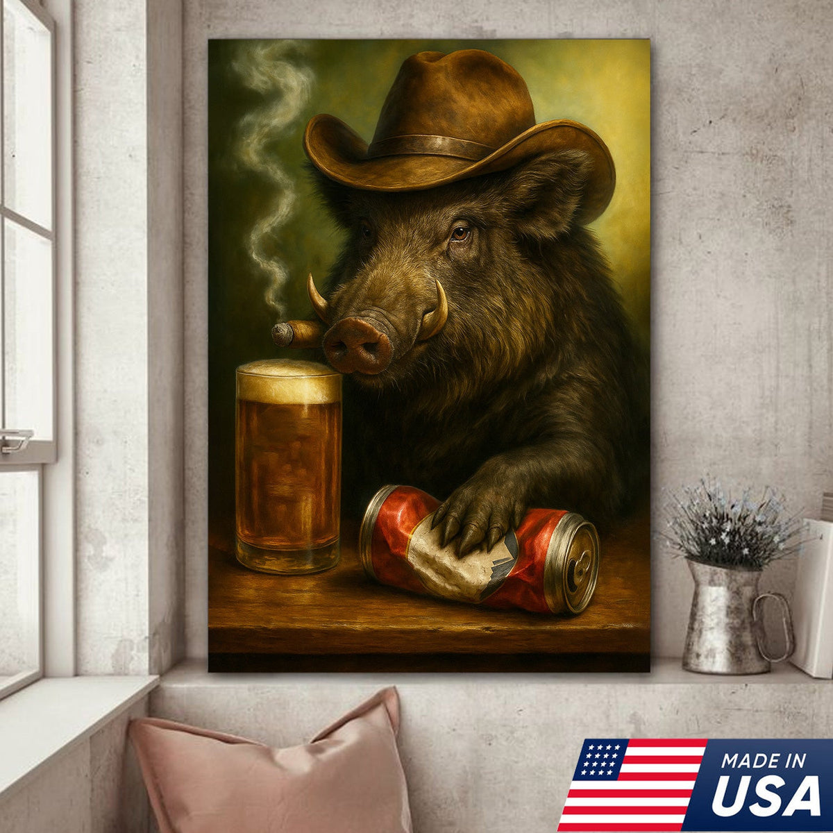 Funny Wild Boar Cowboy Canvas – Beer, Smoking & Rustic Cabin Wall Art Gift for Hunters
