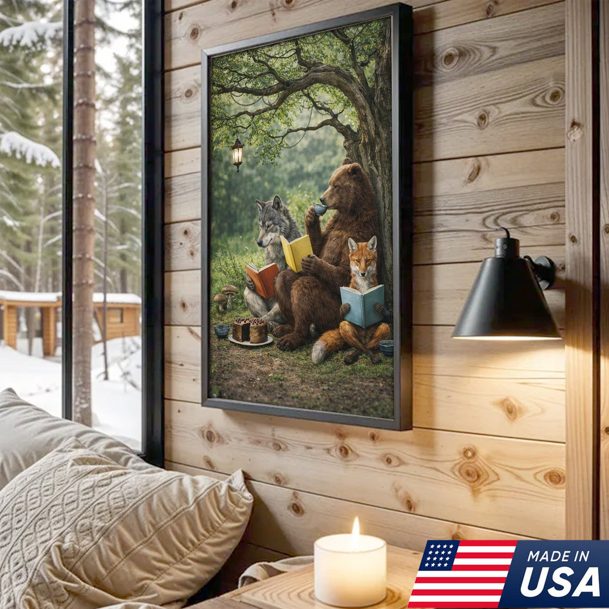 Whimsical Woodland Animals Reading Canvas Wall Art, Bear Wolf Fox Forest Storybook Decor