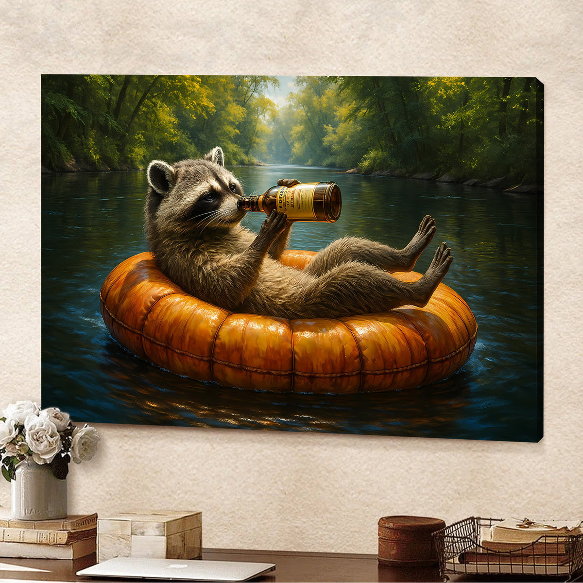 Funny Drunk Raccoon Canvas Wall Art – Chill Gift for Men, Husband, or Hunter, Rustic Cabin Decor