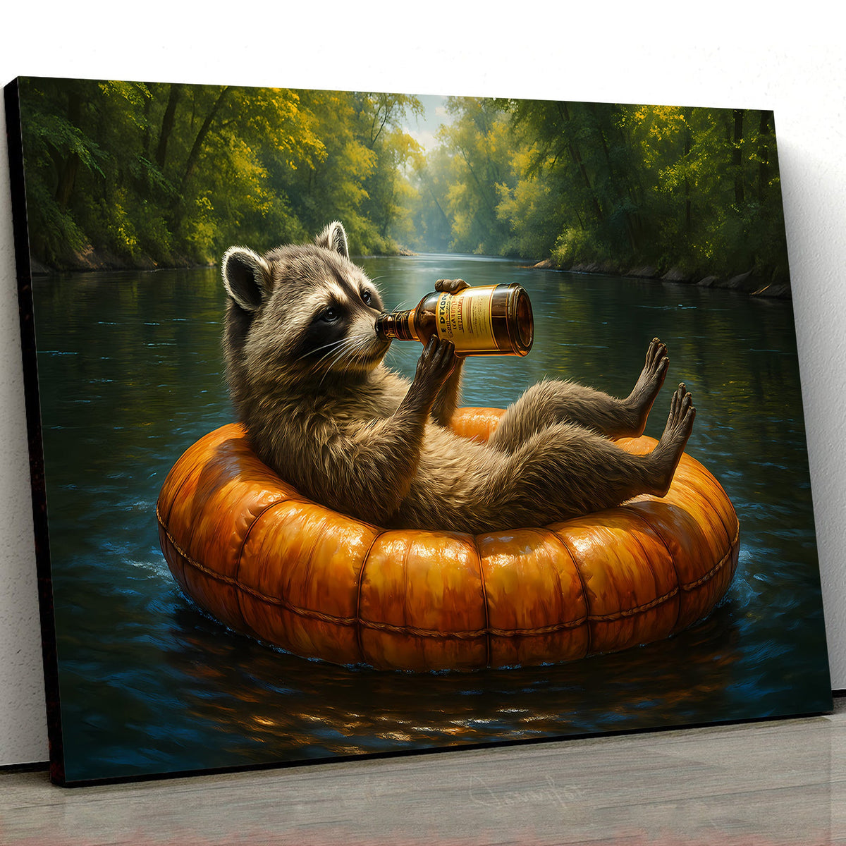 Funny Drunk Raccoon Canvas Wall Art – Chill Gift for Men, Husband, or Hunter, Rustic Cabin Decor