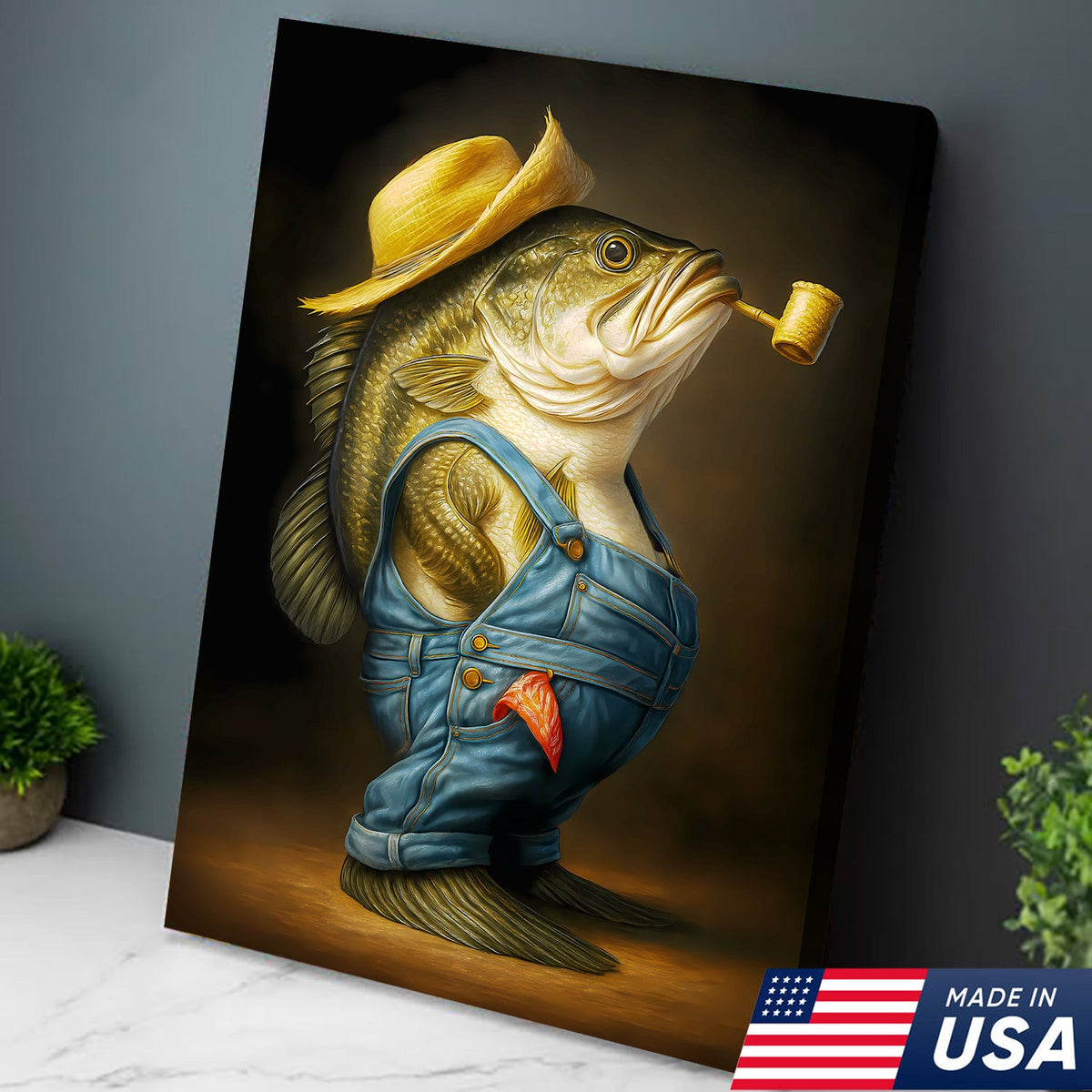 Funny Bass Wall Art – Farmer Fish Canvas for Fishing Lovers, Cabin & Lake House Decor