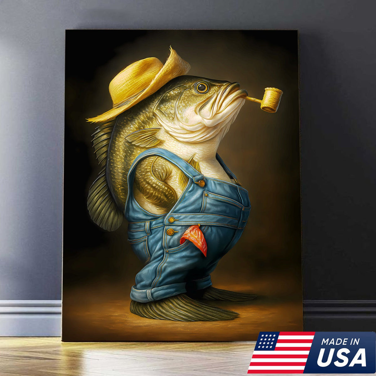 Funny Bass Wall Art – Farmer Fish Canvas for Fishing Lovers, Cabin & Lake House Decor