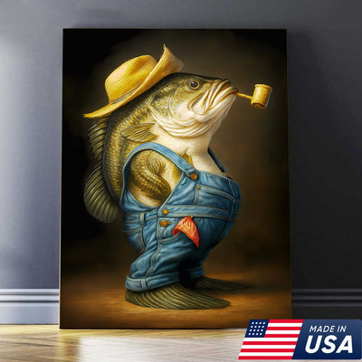 Funny Bass Wall Art – Farmer Fish Canvas for Fishing Lovers, Cabin & Lake House Decor