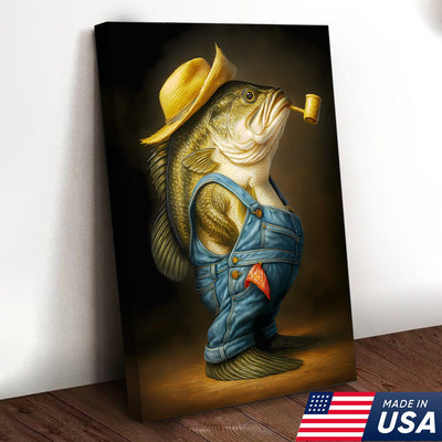 Funny Bass Wall Art – Farmer Fish Canvas for Fishing Lovers, Cabin & Lake House Decor