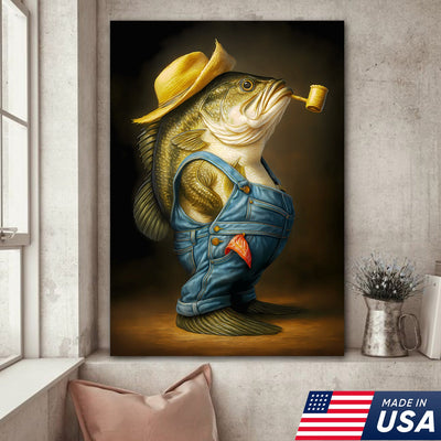 Funny Bass Wall Art – Farmer Fish Canvas for Fishing Lovers, Cabin & Lake House Decor