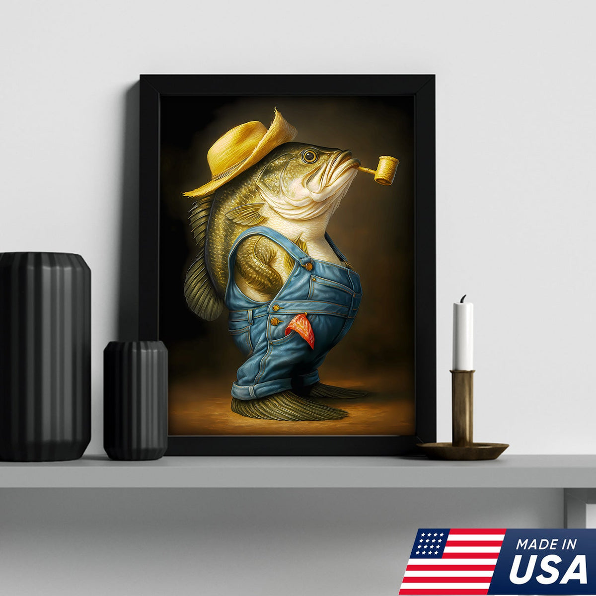 Funny Bass Wall Art – Farmer Fish Canvas for Fishing Lovers, Cabin & Lake House Decor