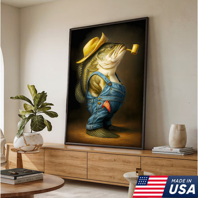 Funny Bass Wall Art – Farmer Fish Canvas for Fishing Lovers, Cabin & Lake House Decor