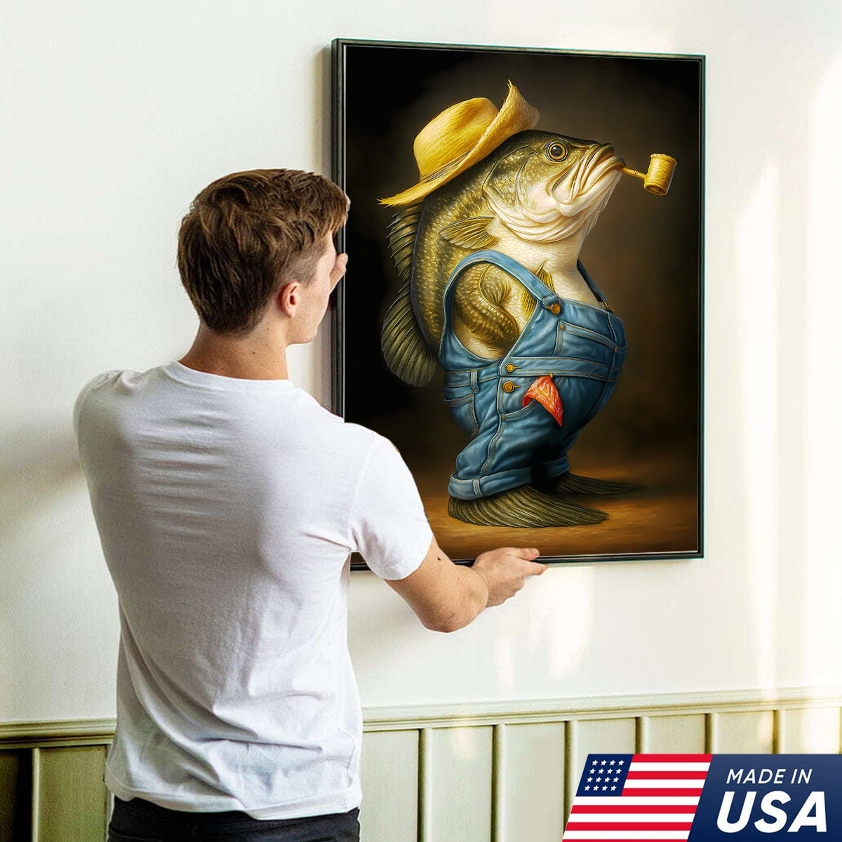Funny Bass Wall Art – Farmer Fish Canvas for Fishing Lovers, Cabin & Lake House Decor