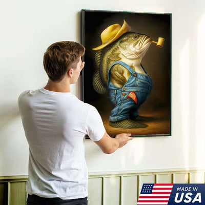 Funny Bass Wall Art – Farmer Fish Canvas for Fishing Lovers, Cabin & Lake House Decor