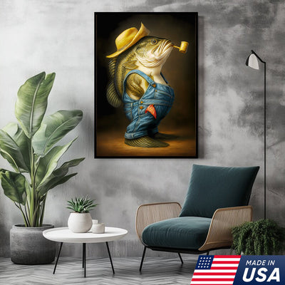 Funny Bass Wall Art – Farmer Fish Canvas for Fishing Lovers, Cabin & Lake House Decor