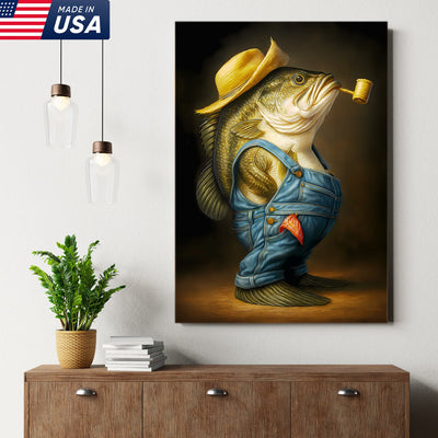 Funny Bass Wall Art – Farmer Fish Canvas for Fishing Lovers, Cabin & Lake House Decor