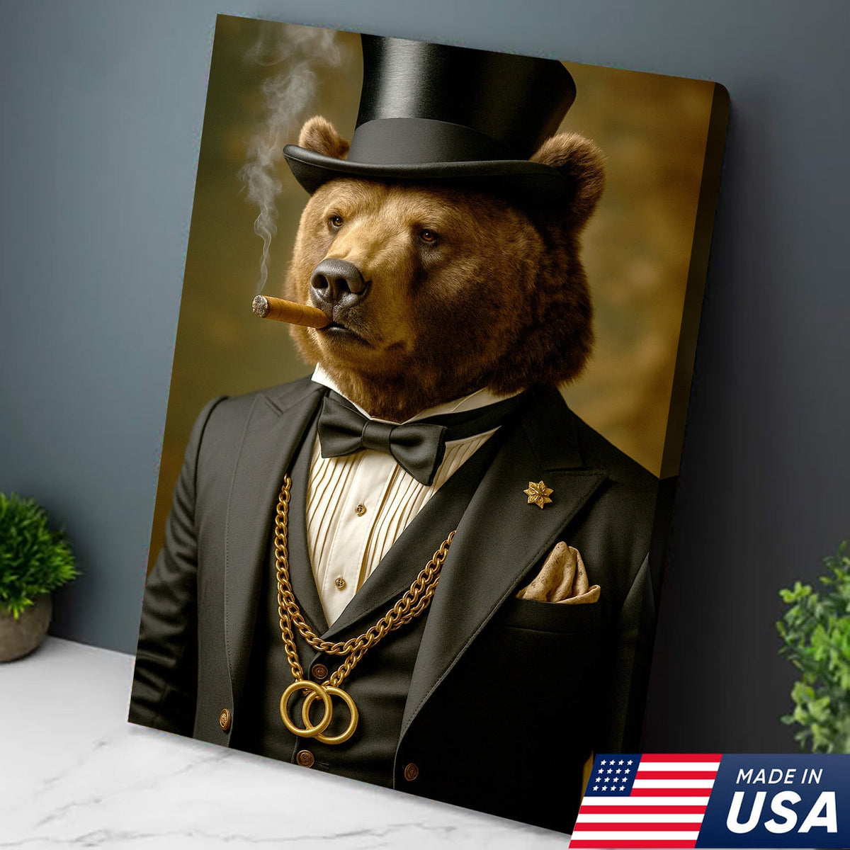 Bear Gentleman Wall Art Canvas – Fancy Suit & Cigar Canvas Print for Home Bar, Man Cave Decor