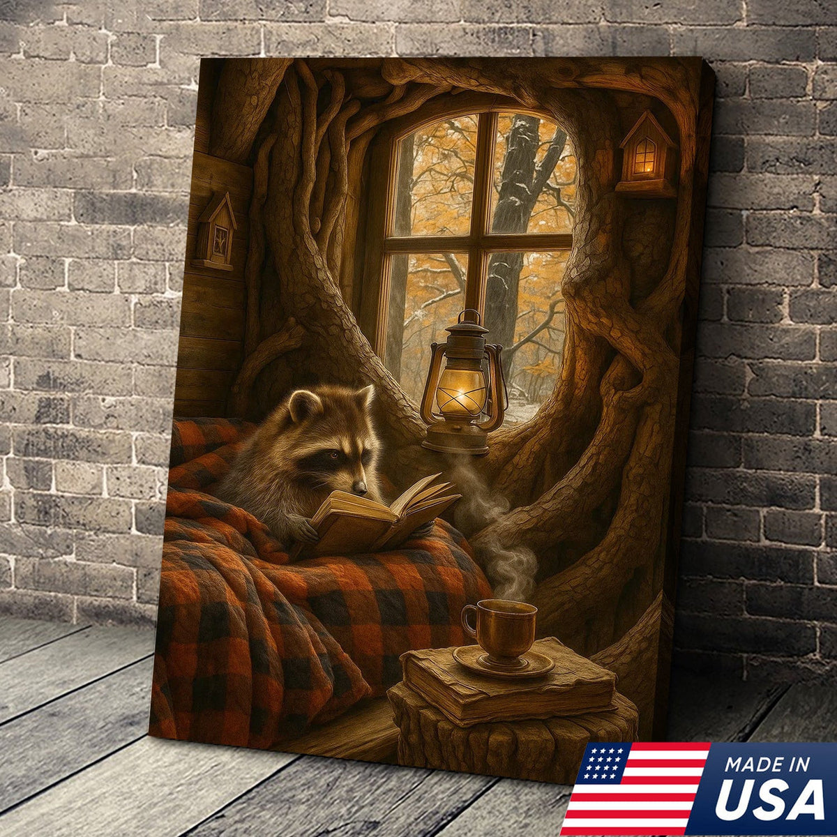 Cozy Reading Raccoon Canvas Wall Art, Autumn Forest Cabin Decor Print