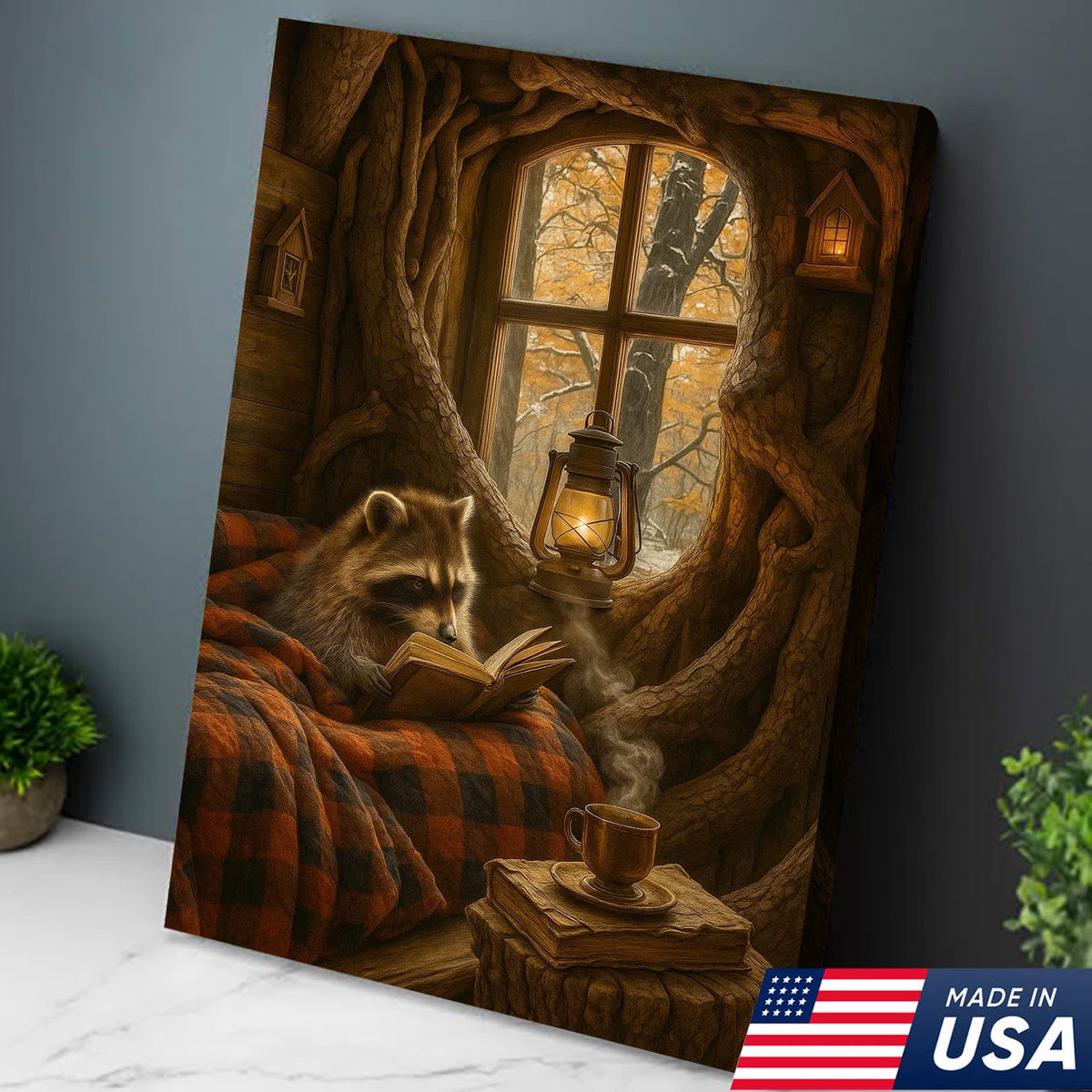 Cozy Reading Raccoon Canvas Wall Art, Autumn Forest Cabin Decor Print