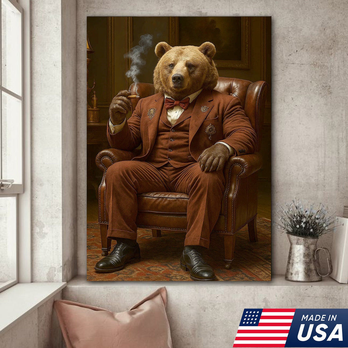 Dapper Bear in Suit Canvas Wall Art, Gentleman Lounge Animal Portrait
