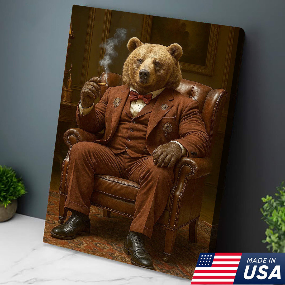 Dapper Bear in Suit Canvas Wall Art, Gentleman Lounge Animal Portrait