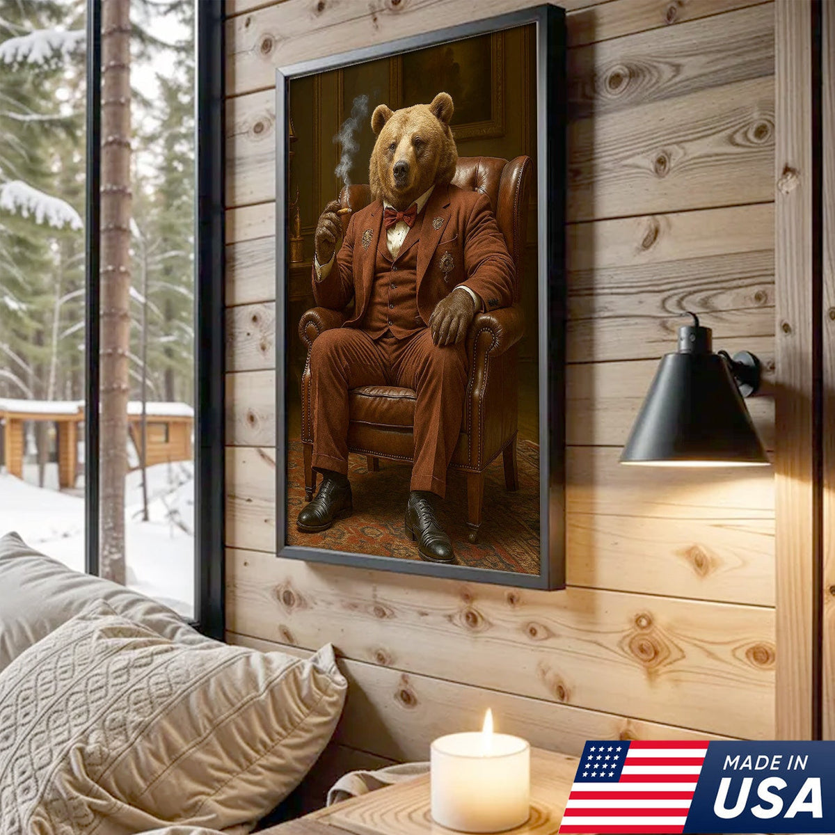 Dapper Bear in Suit Canvas Wall Art, Gentleman Lounge Animal Portrait