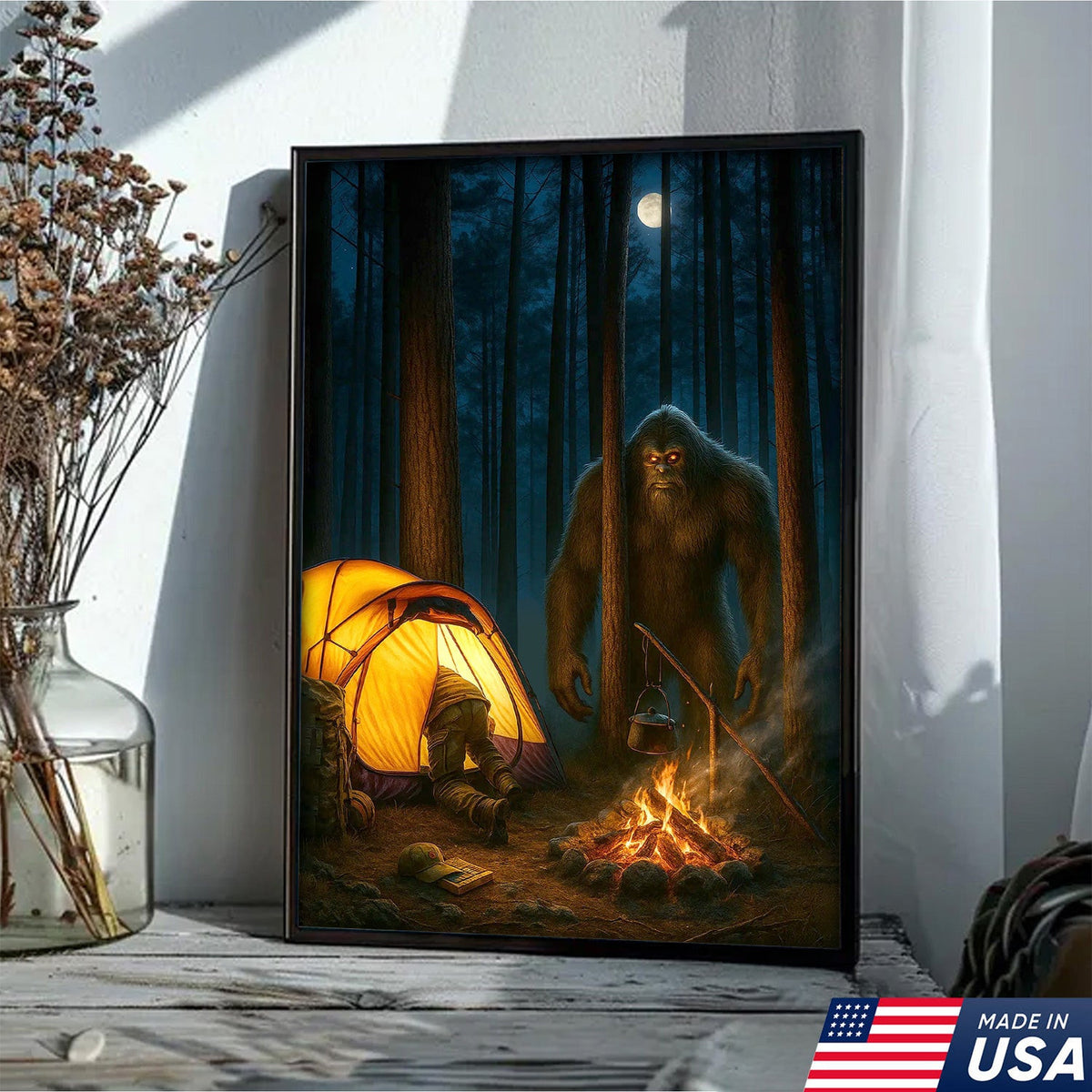 Bigfoot Camping Canvas Wall Art, Scary Sasquatch at Campfire Artwork, Funny Night Forest Scene