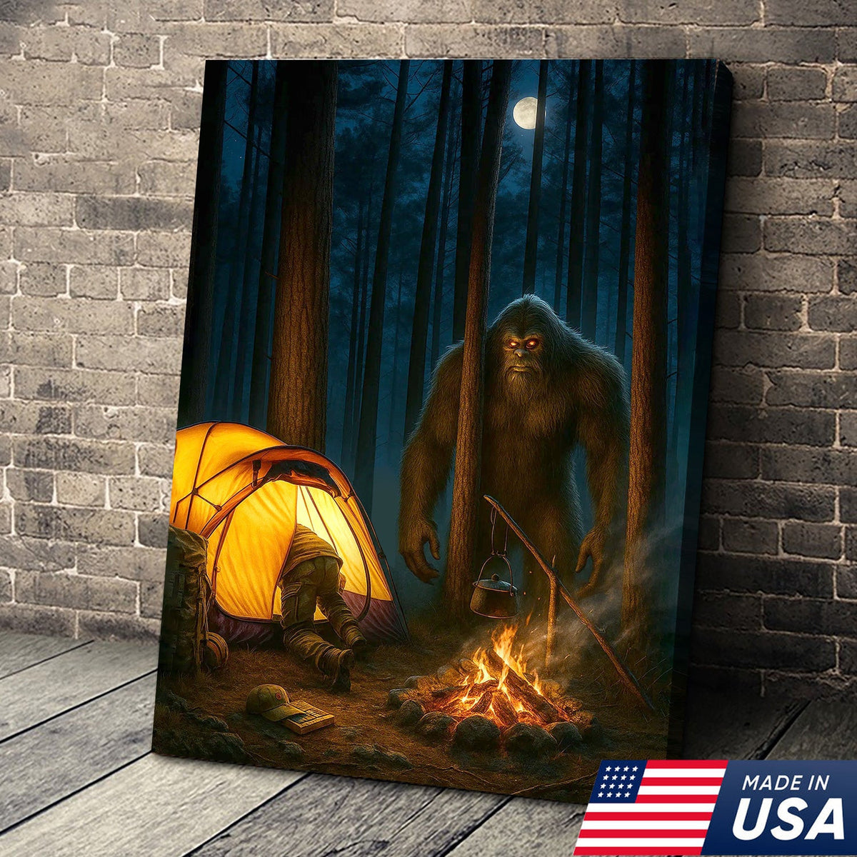 Bigfoot Camping Canvas Wall Art, Scary Sasquatch at Campfire Artwork, Funny Night Forest Scene