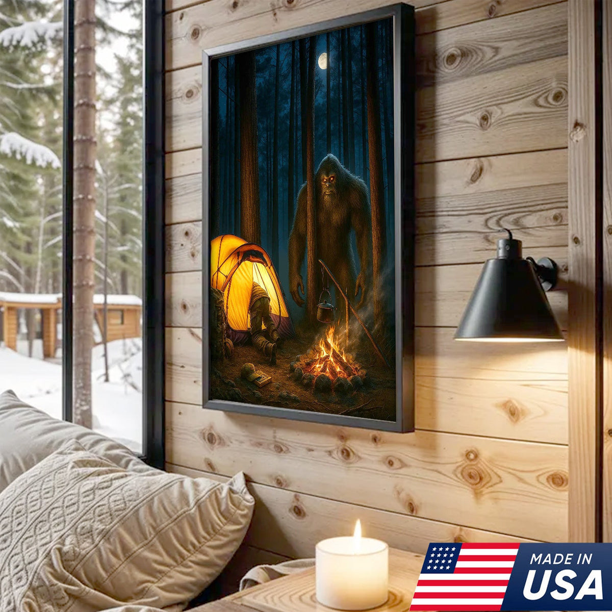 Bigfoot Camping Canvas Wall Art, Scary Sasquatch at Campfire Artwork, Funny Night Forest Scene
