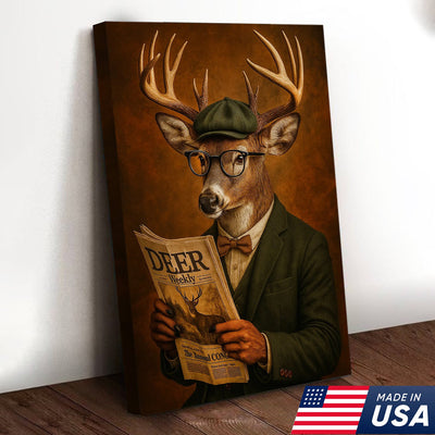 Funny Deer Gentleman Reading Newspaper Canvas – Rustic Hunting Lodge Wall Art