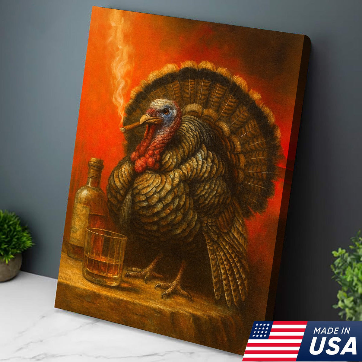 Thanksgiving Turkey Canvas – Funny Whiskey & Smoking Wall Art for Rustic Cabin