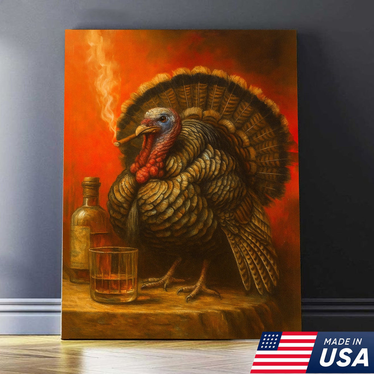 Thanksgiving Turkey Canvas – Funny Whiskey & Smoking Wall Art for Rustic Cabin