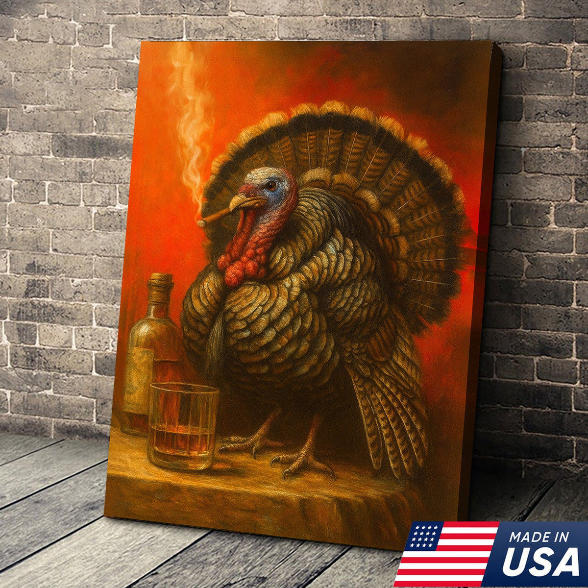 Thanksgiving Turkey Canvas – Funny Whiskey & Smoking Wall Art for Rustic Cabin