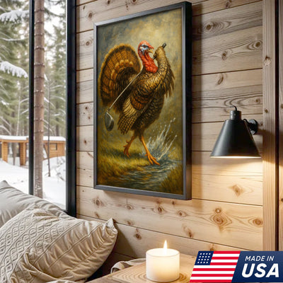 Funny Turkey Playing Golf Canvas Wall Art – Rustic Cabin Lodge Decor, Man Cave & Golfer Gift