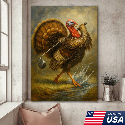 Funny Turkey Playing Golf Canvas Wall Art – Rustic Cabin Lodge Decor, Man Cave & Golfer Gift
