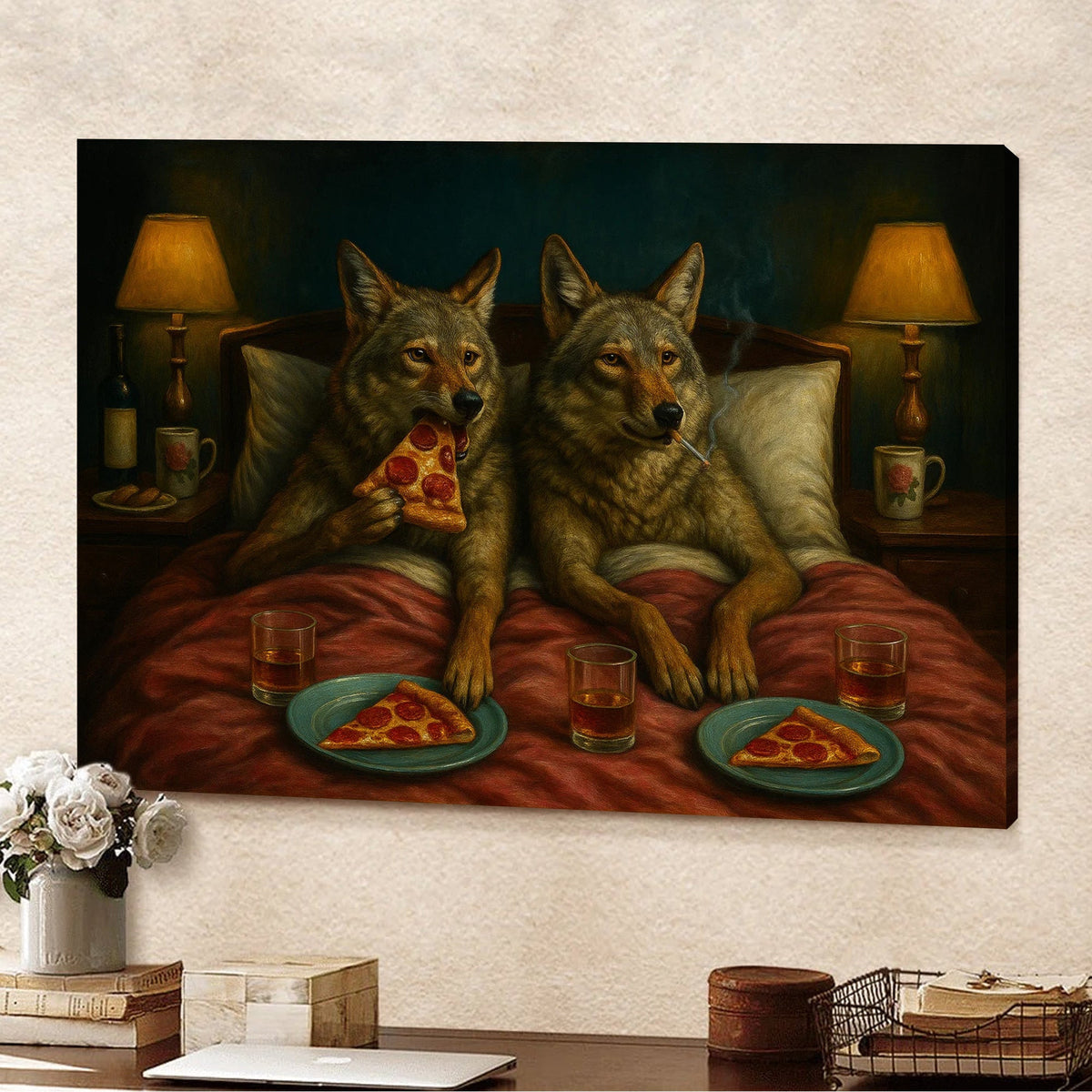 Whimsical Wolf Coyote Couple Pizza Night Canvas Wall Art – Cozy Bed Scene