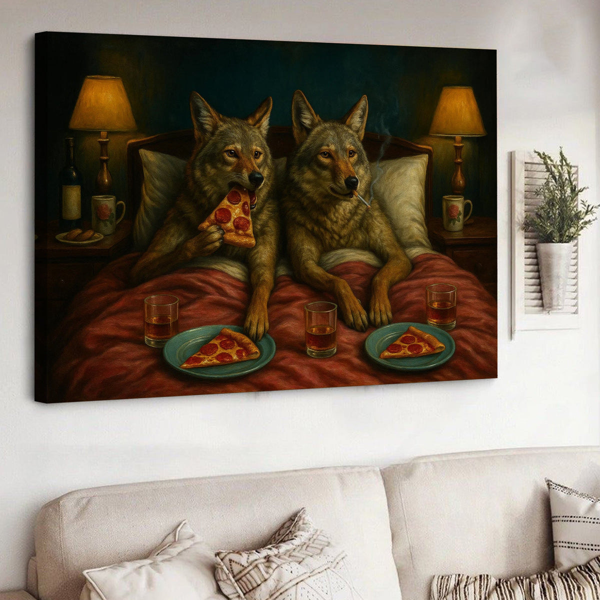 Whimsical Wolf Coyote Couple Pizza Night Canvas Wall Art – Cozy Bed Scene