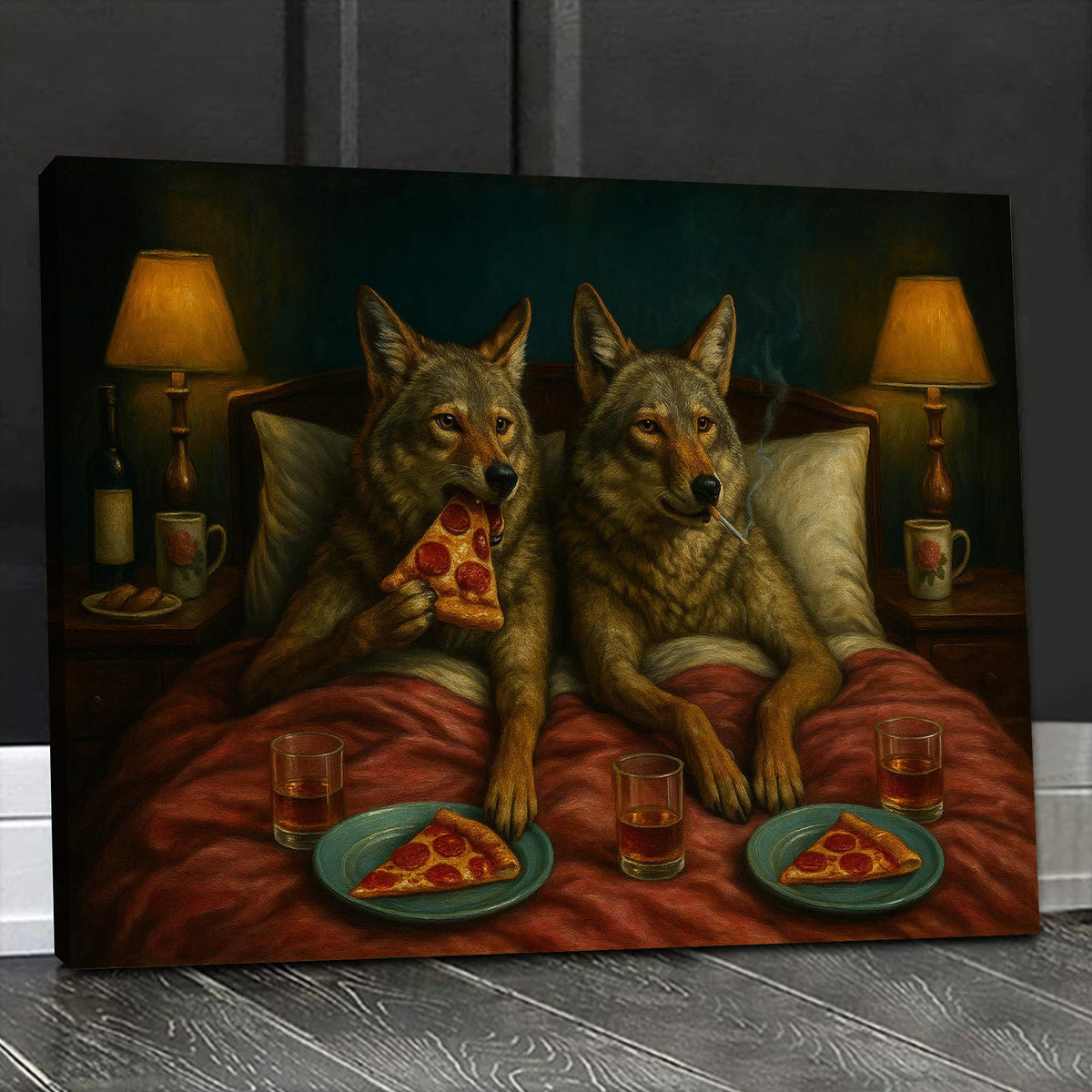Whimsical Wolf Coyote Couple Pizza Night Canvas Wall Art – Cozy Bed Scene
