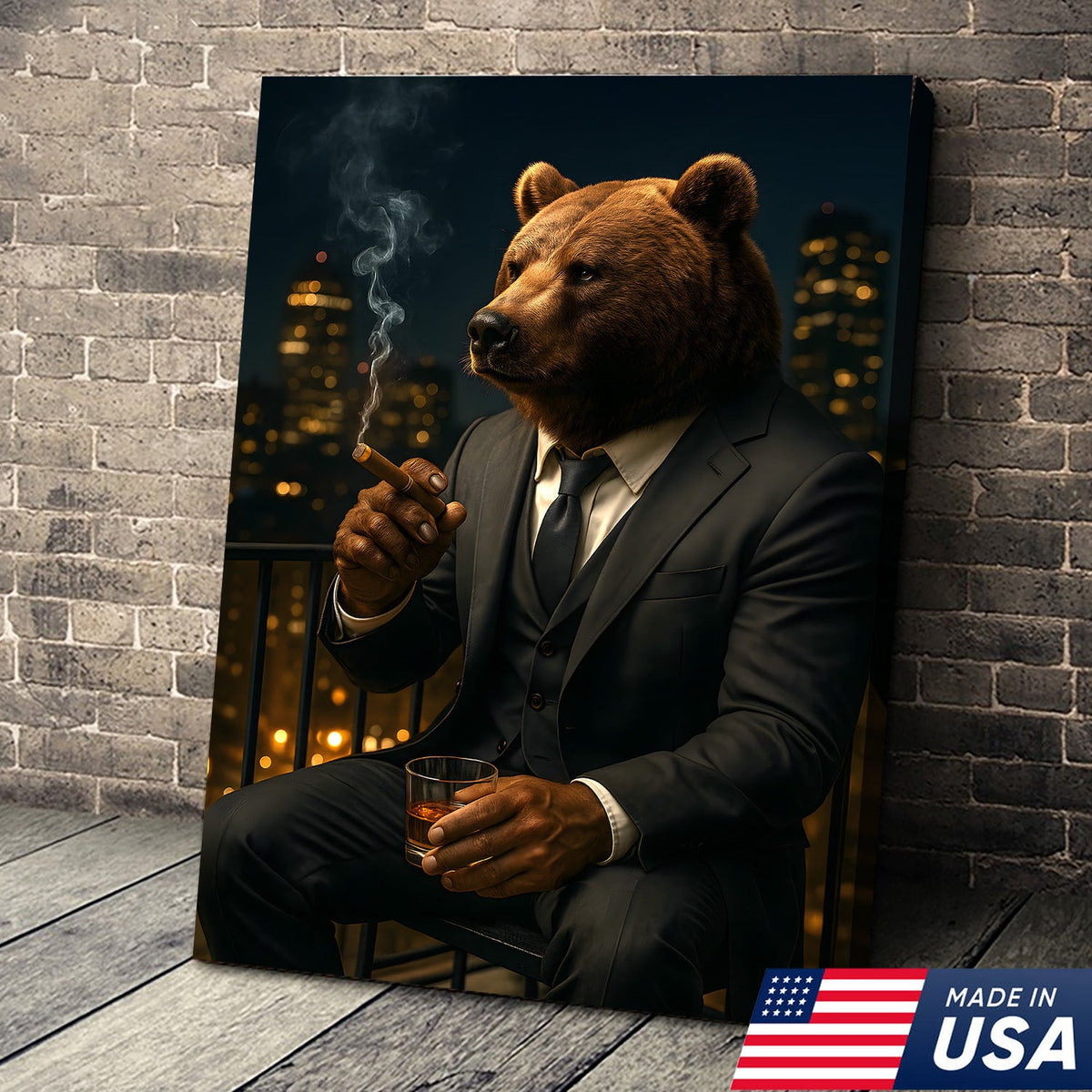 Boss Bear Wall Art – Suited Animal Smoking Canvas, Whiskey Lounge Decor, Alpha Man Gift