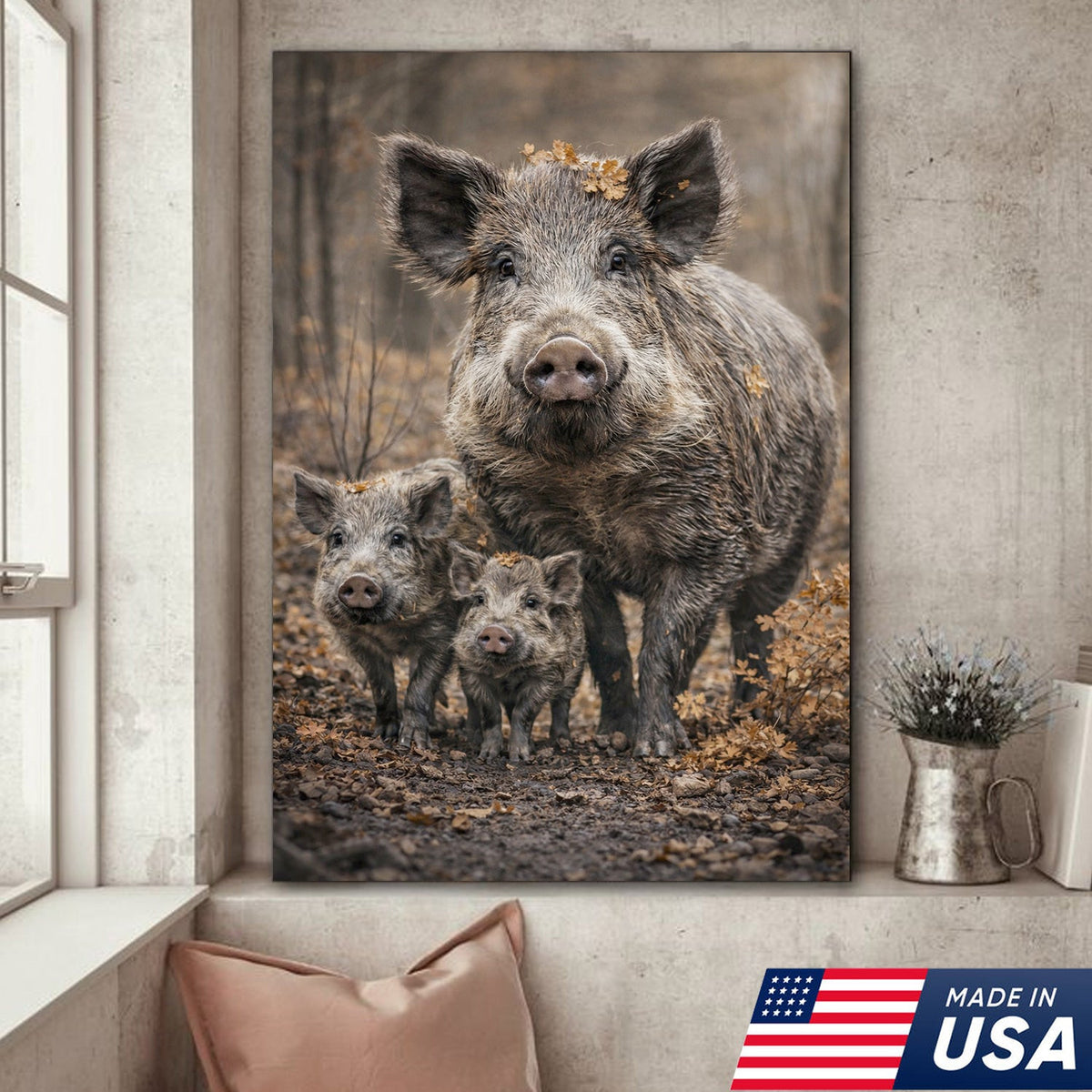 Wild Boar Family Canvas Wall Art – Rustic Forest Wildlife Animal Wall Decor