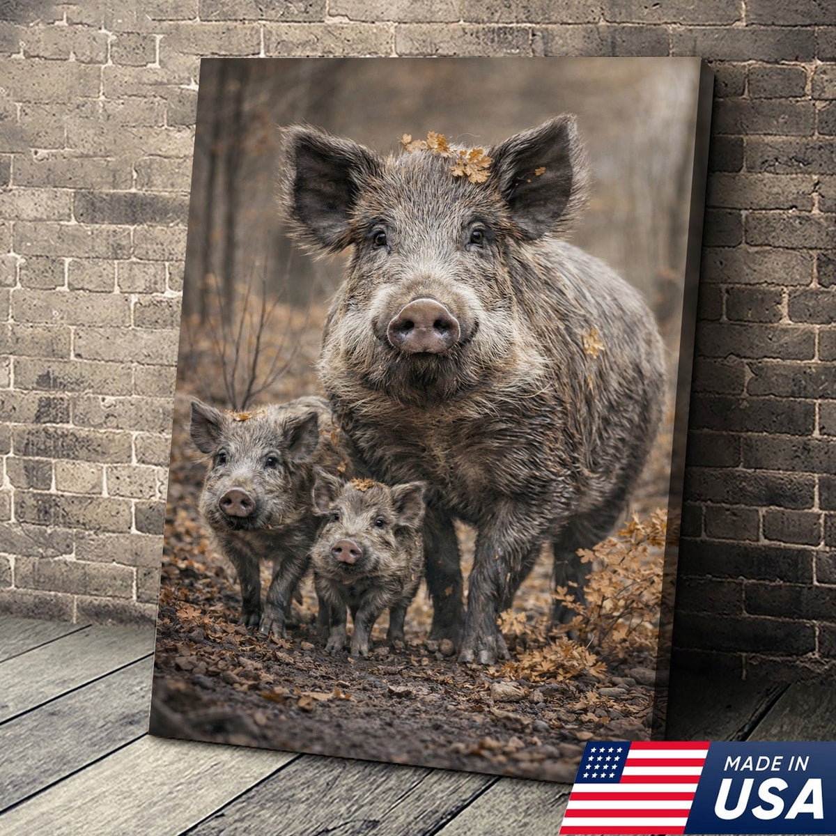 Wild Boar Family Canvas Wall Art – Rustic Forest Wildlife Animal Wall Decor