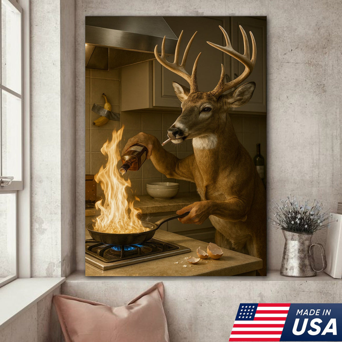 Funny Deer Cooking Canvas, Hilarious Buck Chef Wall Art, Rustic Humor Decor for Cabin