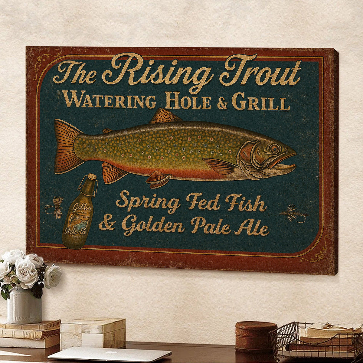 The Rising Trout Watering Hole & Grill Sign Canvas – Vintage Fishing Wall Art for Cabin or Bar Decor