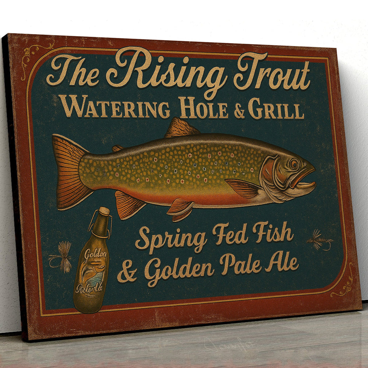 The Rising Trout Watering Hole & Grill Sign Canvas – Vintage Fishing Wall Art for Cabin or Bar Decor