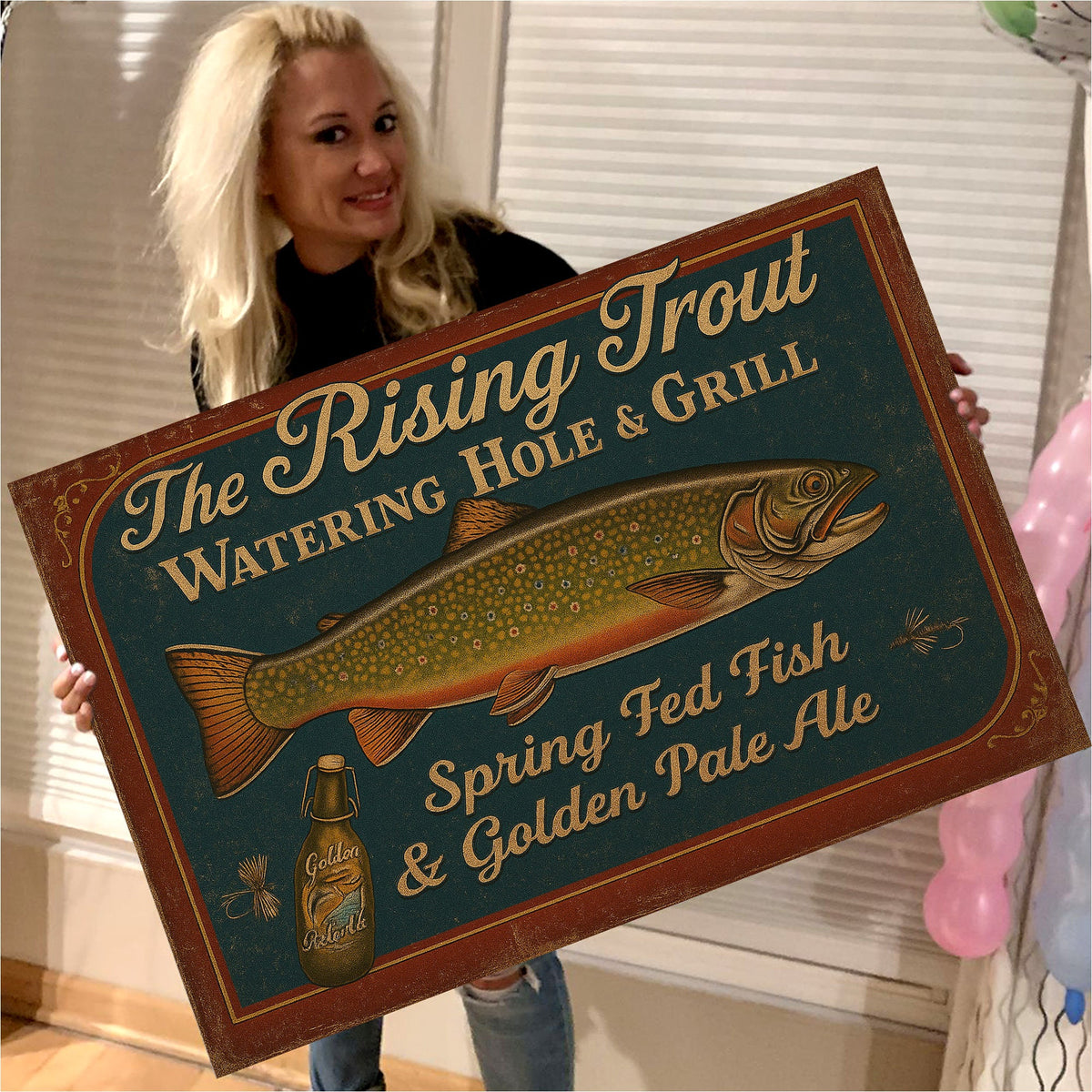 The Rising Trout Watering Hole & Grill Sign Canvas – Vintage Fishing Wall Art for Cabin or Bar Decor