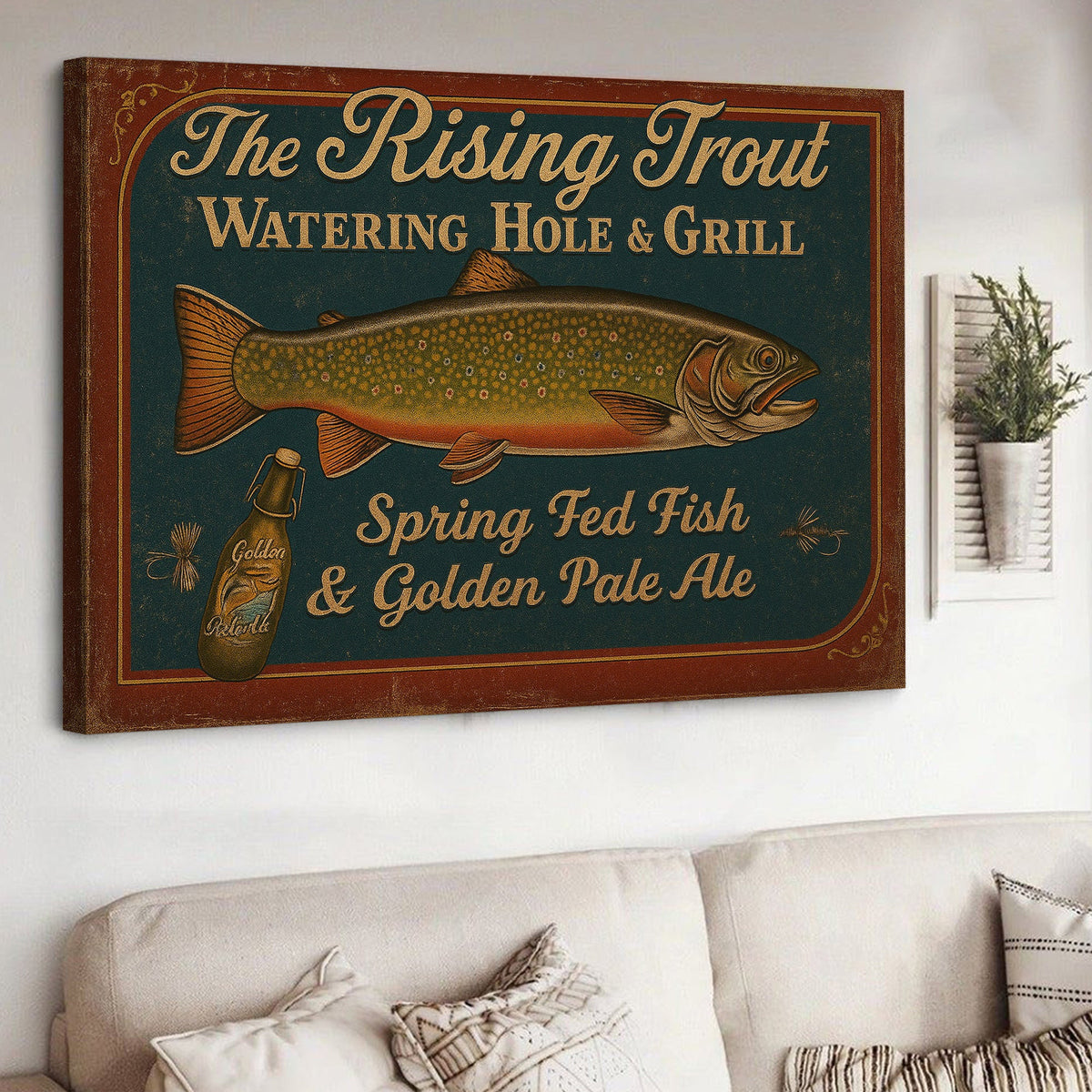 The Rising Trout Watering Hole & Grill Sign Canvas – Vintage Fishing Wall Art for Cabin or Bar Decor