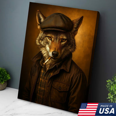 Cool Wolf in Flat Cap Canvas Wall Art – Vintage Funny Animal Portrait Canvas