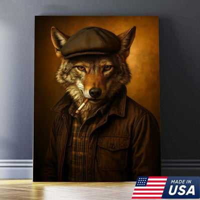 Cool Wolf in Flat Cap Canvas Wall Art – Vintage Funny Animal Portrait Canvas