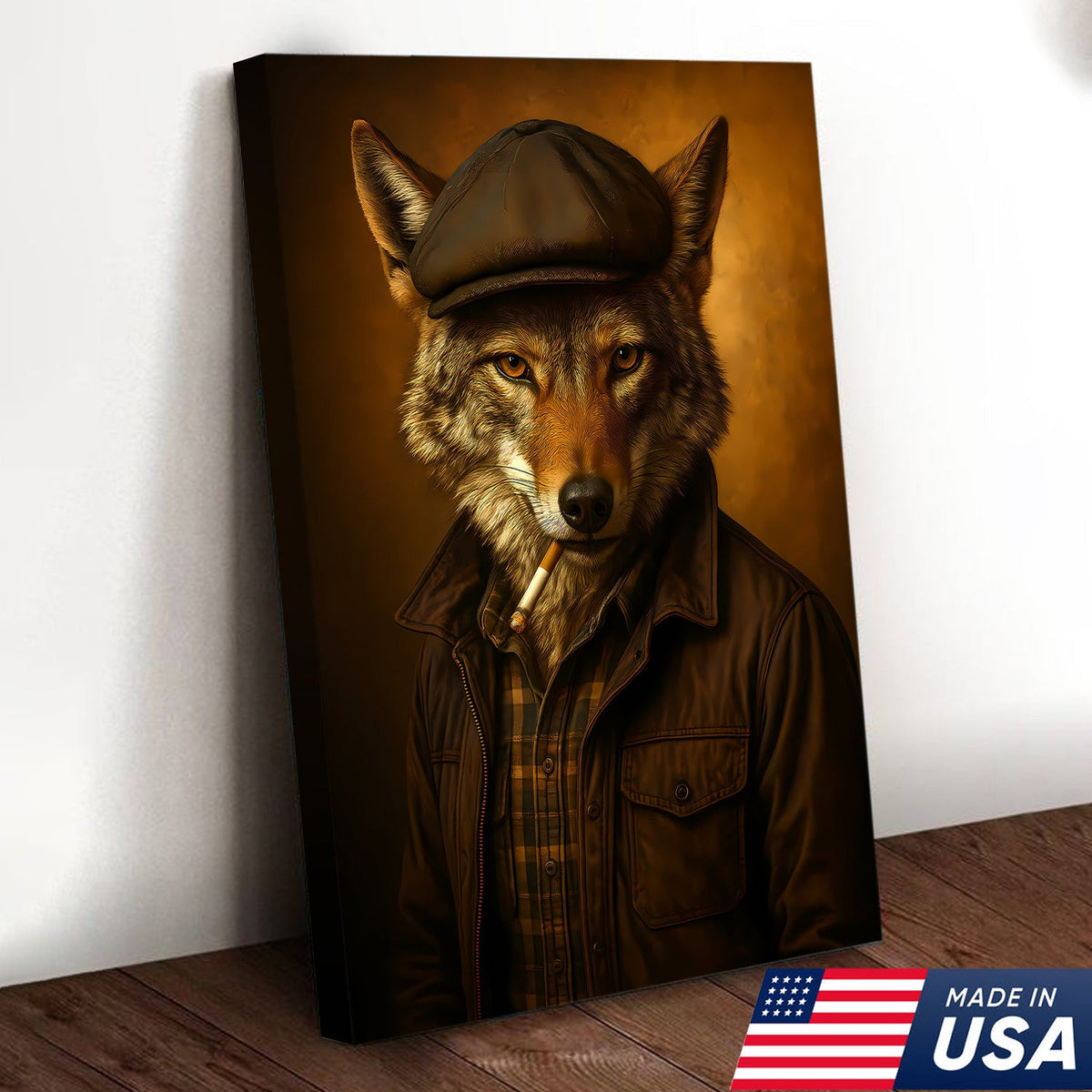 Cool Wolf in Flat Cap Canvas Wall Art – Vintage Funny Animal Portrait Canvas